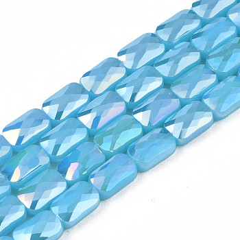 Electroplate Opaque Solid Color Glass Beads Strands, AB Color Plated, Faceted, Rectangle, Light Sky Blue, 7x4x3mm, Hole: 1mm, about 79~80pcs/strand, 20.47 inch(52cm)