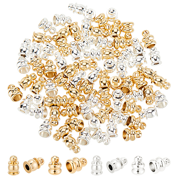 ARRICRAFT 80Pcs 4 Style Brass Cord Ends, End Caps, Long-Lasting Plated, Golden & Silver, 6x4~4.5mm, Hole: 1mm, Inner Diameter: 1.6~3mm, 20Pcs/style