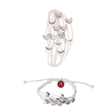 Multi String Cord Bracelet with Initial Letter A Charm, Moon and Star Adjustable Bracelet for Women, White, Inner Diameter: 1-3/4~3-1/4 inch(4.5~8.2cm)