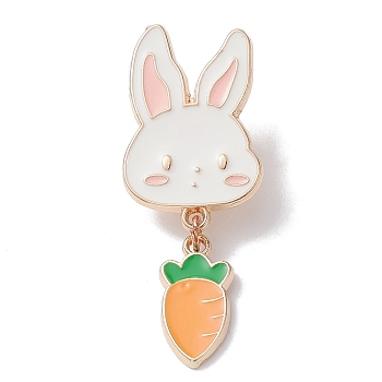 Rabbit with Carrot Dangle Enamel Pins, Light Gold Tone Alloy Brooch for Backpack Clothes, White, 48x19x1.7mm