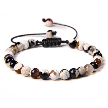 Natural Agate Round Bead Adjustable Braided Bracelets, 6mm