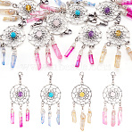 8Pcs 4 Colors Alloy Woven Net/Web with Gemstone Pendants Decorations, Wire Wrapped Natural Quartz Crystal Charm Ornaments, 80x28mm, 2pcs/color(HJEW-TA0001-30)