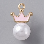 Resin Imitation Pearl Pendants, with Golden Tone Alloy Enamel Findings, Round with Crown, Pink, 18.5x11.5x10mm, Hole: 1.4mm(FIND-TAC0002-041A)