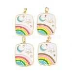 Brass Enamel Pendents, with Rhinestones and ABS Imitation Pearl, Real 18K Gold Plated, Rack Plating, Lead Free & Cadmium Free, Rectangle with Rainbow & Moon Charm, Colorful, 26.5x19x5.5mm, Hole: 4.5x2.5mm(KK-R212-07G)