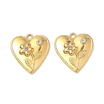 304 Stainless Steel Rhinestone Pendants, Heart with Flower Charms, Ion Plating(IP), Real 18K Gold Plated, 20.5x19x3mm, Hole: 1.8mm(STAS-L308-09G)