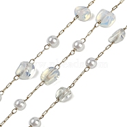 Ion Plating(IP) 304 Stainless Steel Paperclip Chains, with Opalite Beaded and ABS Plastic Pearl, Real 18K Gold Plated, 11x7x4x5mm, about 32.81 Feet(10m)/Roll(CHS-D037-01I)