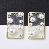 Epoxy Resin Pendants, with ABS Plastic Imitation Pearl and Light Gold Plated Brass Open Back Bezel, Rectangle, Clear, 30x18x8mm, Hole: 1.8mm(RESI-S380-11)