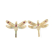 Brass Micro Pave Colorful Cubic Zirconia Pendants, with Jump Ring and Glass, Dragonfly Charm, Real 18K Gold Plated, 35x45x4mm, Hole: 3.5mm(KK-E068-VF349)