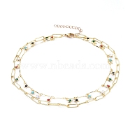 Brass Enamel Double Layer Necklaces, with Bar Links Chains, Paperclip Chains and Lobster Claw Clasps, Flower, Colorful, Real 18K Gold Plated, 13.58 inch(34.5cm)(NJEW-JN02831-02)