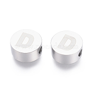 304 Stainless Steel Beads, Flat Round with Letter, Letter.D, 10x4.5mm, Hole: 2mm(STAS-I126-02P-D)