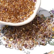 Transparent Baking Paint Glass Seed Beads, Two Tone, Fringe Teardrop Beads, Goldenrod, 5.5x4.5x3.5mm, Hole: 1.2mm, about 2812pcs/pound(SEED-P006-02B-14)