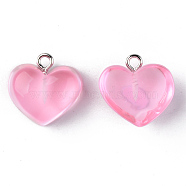 Transparent Resin Pendants, with Platinum Tone Iron Loop, Heart, Pink, 16.5x17x9.5mm, Hole: 1.8mm(RESI-R429-30C)