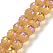 Electroplate Glass Beads Strands, Rainbow Plated, Frosted and Faceted(96 Facets), Round, Goldenrod, 9.5~10x9~9.5mm, Hole: 1.8mm, about 69~70pcs/strand, 24.57''(62.4~63.1cm)(EGLA-Z001-03A-FP03)