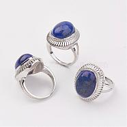 Natural Lapis Lazuli Finger Rings, with Brass Ring Finding, Platinum, Oval, Size 8, 18mm(RJEW-P122-18)