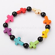 Natural & Synthetic Mixed Stone Round Beads Stretch Bracelets, with Colorful Synthetic Howlite Cross Beads, 57mm(BJEW-JB01450-06)