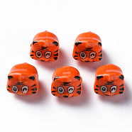 Handmade Porcelain Beads, Famille Rose Style, Tiger, Orange Red, about 12x10.5x11mm, Hole: 1.8mm(PORC-T007-20E)