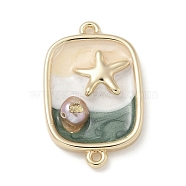 Brass Enamel Rectangle with Starfish Connector Charms, with ABS Imitation Pearl, Real 18K Gold Plated, Cadet Blue, 23x14.5x5mm, Hole: 1.2mm(KK-M308-08G-03)