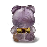 Natural Amethyst Bear Beads, with Rack Plating Golden Tone Brass Bowknot, 14.5x10x10mm, Hole: 1mm(G-P495-01G-01)