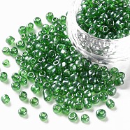 Glass Seed Beads, Trans. Colours Lustered, Round, Dark Green, 4mm, Hole: 1.5mm, about 4500pcs/pound(SEED-A006-4mm-107B)