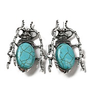 Dual-use Items Alloy Brooch, with Synthetic Turquoise, Spider, 49.5x35.5x15~16mm, Hole: 4x2.5mm(JEWB-C026-05B-AS)