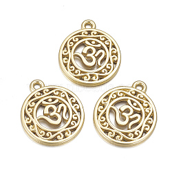 Alloy Pendants, Matte Style, Flat Round with Om Symbol, Cadmium Free & Lead Free, Real 14K Gold Plated, 22.5x19x2.5mm, Hole: 2mm(X-PALLOY-Q357-13MG-RS)