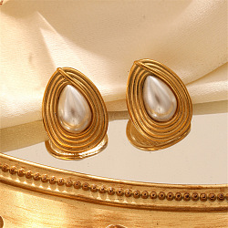 304 Stainless Steel & Plastic Pearls Hoop Earrings for Women, Teardrop, Golden, 25x18mm(EJEW-S236-02G)