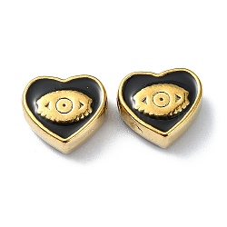 Ion Plating(IP) 304 Stainless Steel Enamel Beads, Real 18K Gold Plated, Heart with Eye, Black, 9x10x4.5mm, Hole: 1.2mm(STAS-Q318-11B)