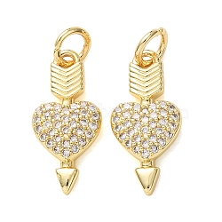 Valentine's Day Brass Micro Pave Clear Cubic Zirconia Pendants, Heart with Arrow Charms, Lead Free & Cadmium Free, Rack Plating, Long-Lasting Plated, Real 18K Gold Plated, 18x8.5x3mm, Hole: 3.3mm(CU-E003-17G-E)
