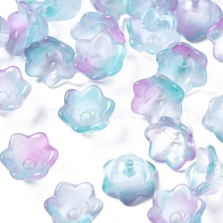 Transparent Two Tone Spray Painted Glass Beads, Flower, Cadet Blue, 7x11.5x11.5mm, Hole: 1.2mm(GLAA-Q089-002B-002)