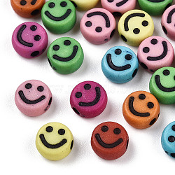 Opaque Craft Acrylic Beads, Flat Round with Smiling Face, Mixed Color, 7x3.5mm, Hole: 1.5mm, about 363pcs/50g(X-MACR-S369-003B-02)