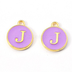 Golden Plated Alloy Enamel Charms, Enamelled Sequins, Flat Round with Letter, Medium Purple, Letter.J, 14x12x2mm, Hole: 1.5mm(X-ENAM-S118-10J)