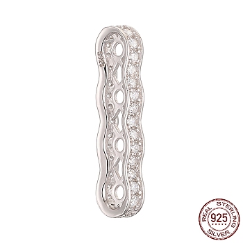 4 Hole 925 Sterling Silver Multi-Strand Links, Cubic Zirconia Spacer Bars, with S925 Stamp, Real Platinum Plated, 25.7x7x3mm, Hole: 1.6mm