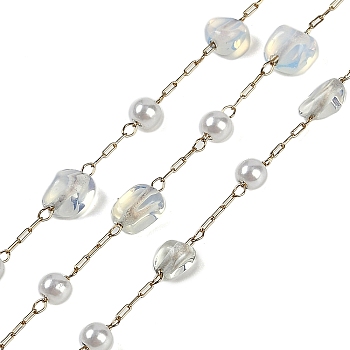 Ion Plating(IP) 304 Stainless Steel Paperclip Chains, with Opalite Beaded and ABS Plastic Pearl, Real 18K Gold Plated, 11x7x4x5mm, about 32.81 Feet(10m)/Roll