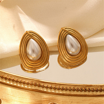 304 Stainless Steel & Plastic Pearls Hoop Earrings for Women, Teardrop, Golden, 25x18mm