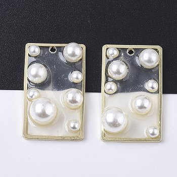 Epoxy Resin Pendants, with ABS Plastic Imitation Pearl and Light Gold Plated Brass Open Back Bezel, Rectangle, Clear, 30x18x8mm, Hole: 1.8mm
