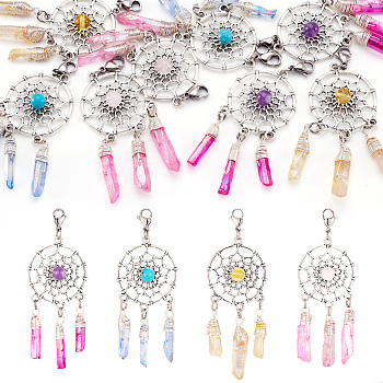 8Pcs 4 Colors Alloy Woven Net/Web with Gemstone Pendants Decorations, Wire Wrapped Natural Quartz Crystal Charm Ornaments, 80x28mm, 2pcs/color
