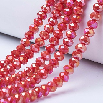 Electroplate Glass Beads Strands, Opaque Solid Color, AB Color Plated, Faceted, Rondelle, Red, 3.5x3mm, Hole: 0.4mm, about 123~127pcs/strand, 13.7~14.1 inch(35~36cm)