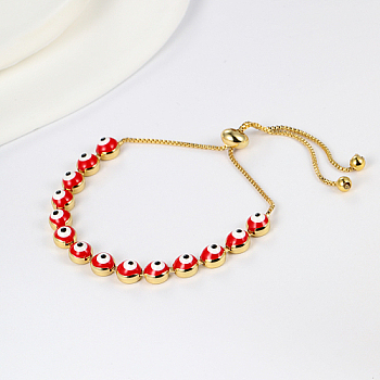Brass Evil Eye Link Chains Slider Bracelet, Adjustable Bracelet, Red, Inner Diameter: 2-3/8~2-3/4 inch(6~7cm)