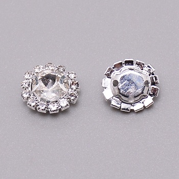 Glass Links, Sew on Rhinestone, Flat Round, Crystal, 12.5x12x6.5~7mm, Hole: 1.4mm