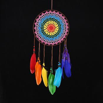 Indian Style Woven Net/Web with Feather Pendant Decoration, Flat Round, Colorful, 55~60cm
