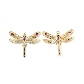 Brass Micro Pave Colorful Cubic Zirconia Pendants, with Jump Ring and Glass, Dragonfly Charm, Real 18K Gold Plated, 35x45x4mm, Hole: 3.5mm