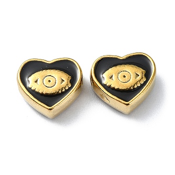 Ion Plating(IP) 304 Stainless Steel Enamel Beads, Real 18K Gold Plated, Heart with Eye, Black, 9x10x4.5mm, Hole: 1.2mm