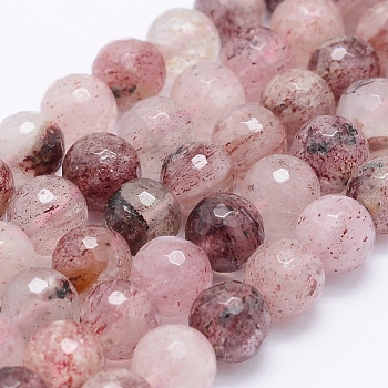 Natural Strawberry Quartz Beads Strands, Faceted Round, 8mm, Hole: 1mm, about 48pcs/strand, 15.5 inch(39.5cm)
