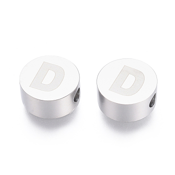 304 Stainless Steel Beads, Flat Round with Letter, Letter.D, 10x4.5mm, Hole: 2mm