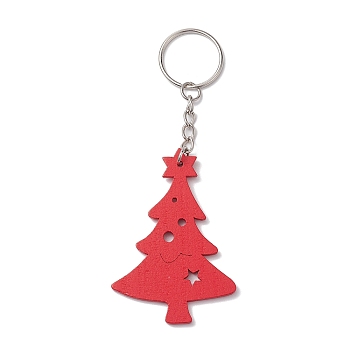 Christmas Wood Kechain, with Iron Split Key Rings, Christmas Tree, Red, 12cm