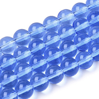 Transparent Glass Beads Strands, Round, Royal Blue, 8~8.5mm, Hole: 1.5mm, about 51~53pcs/strand, 14.96 inch~15.55 inch(38~39.7cm)