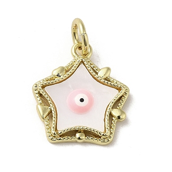 Evil Eye Enamel Shell Pendants, Brass Star Charms with Jump Rings, Real 18K Gold Plated, Pink, 17x15x3.6mm, Hole: 3.7mm