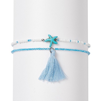 Glass Anklets Set, with Synthetic Turquoise Starfish Beads and Tassels Pendant Decorations, Deep Sky Blue, Inner Diameter: 2-3/4 inch(7.1cm), 2pcs/set