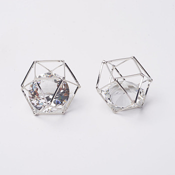 Brass Hollow Polygon Beads, with Floating Glass Beads Inside, Platinum, 13x13x17mm
