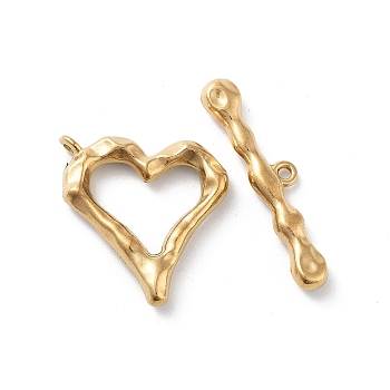 Ion Plating(IP) 304 Stainless Steel Toggle Clasps, Heart, Real 18K Gold Plated, 22x21x4mm, Hole: 1.6mm